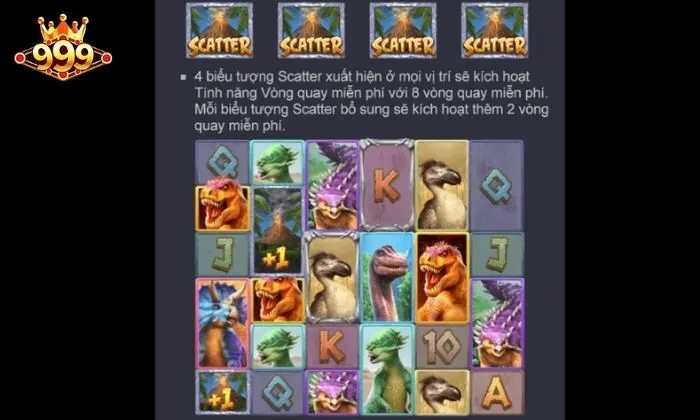 Jurassic Kingdom 999BET Thu thập đủ 4 biểu tượng núi lửa thì người chơi được nhận vòng quay miễn phí