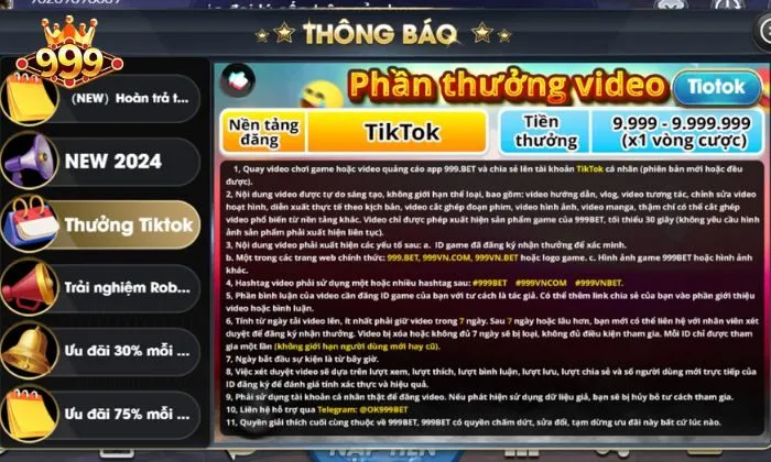 Chương trình phần thưởng video TikTok 999BET cực hot